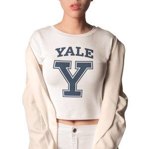 NEW Yale University Bulldogs Big Logo Form Fit Crop Top Shirt WHITE